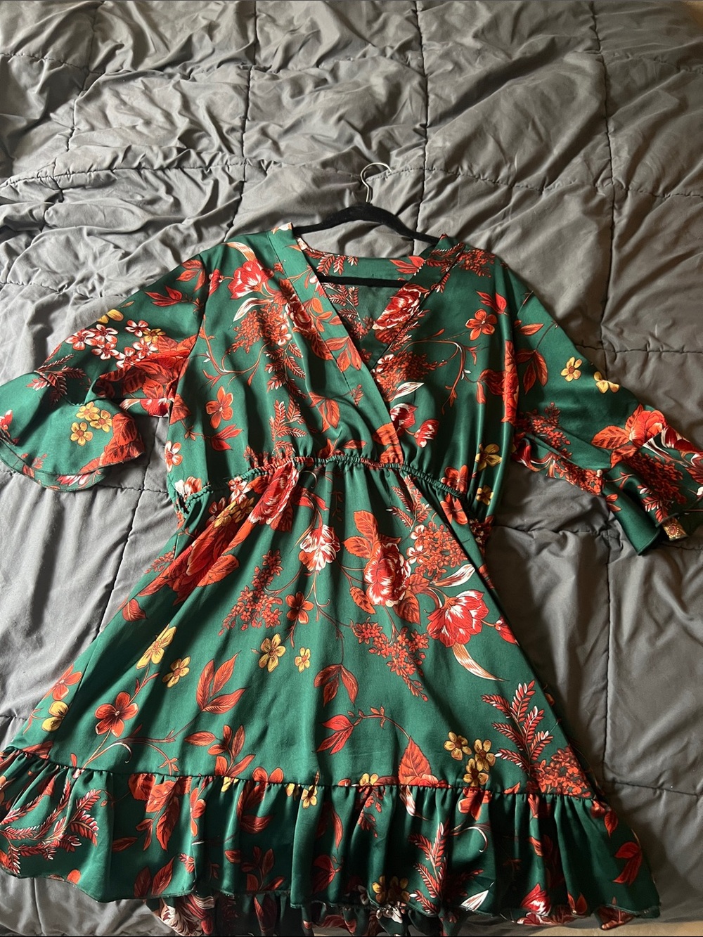Boohoo Green Floral Ruffle Mini Dress with Red and Yellow Blooms